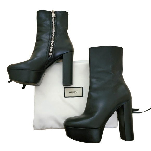 Gucci Platform Black Leather Mid-Calf Boots High Heel Square Toe 9 39 - Picture 1 of 16